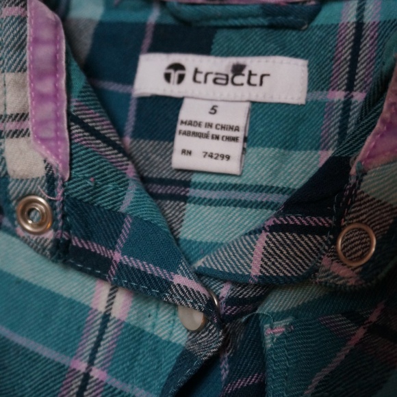 Girls Size 5 Tractr Teal/Navy/Lilac Plaid Button-up Shirt - Picture 2 of 3